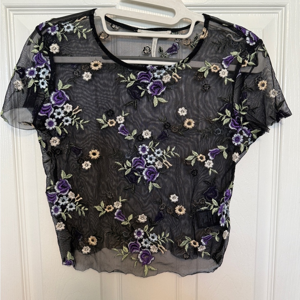 Urban Outfitters Black Sheer Top with Purple Floral Embroidery